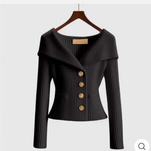 Chic Off-the-Shoulder Black Sweater with Gold Accents